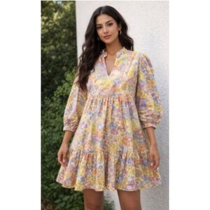 Brianna Cannon Bib Retro Mod Floral Yellow Pink Babydoll Poppy Playful Dress S